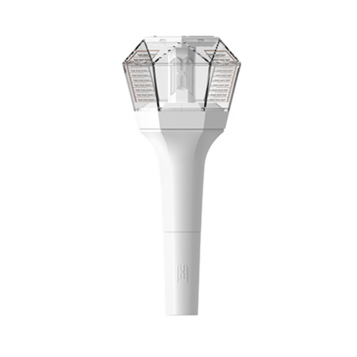 White MONSTA X Official Light Stick Ver.3 with a clear geometric top on a white background.