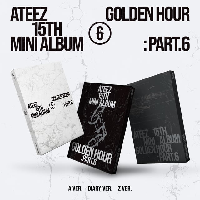 Official ATEEZ GOLDEN HOUR Part.6 album preview showing A, DIARY and Z version packaging.