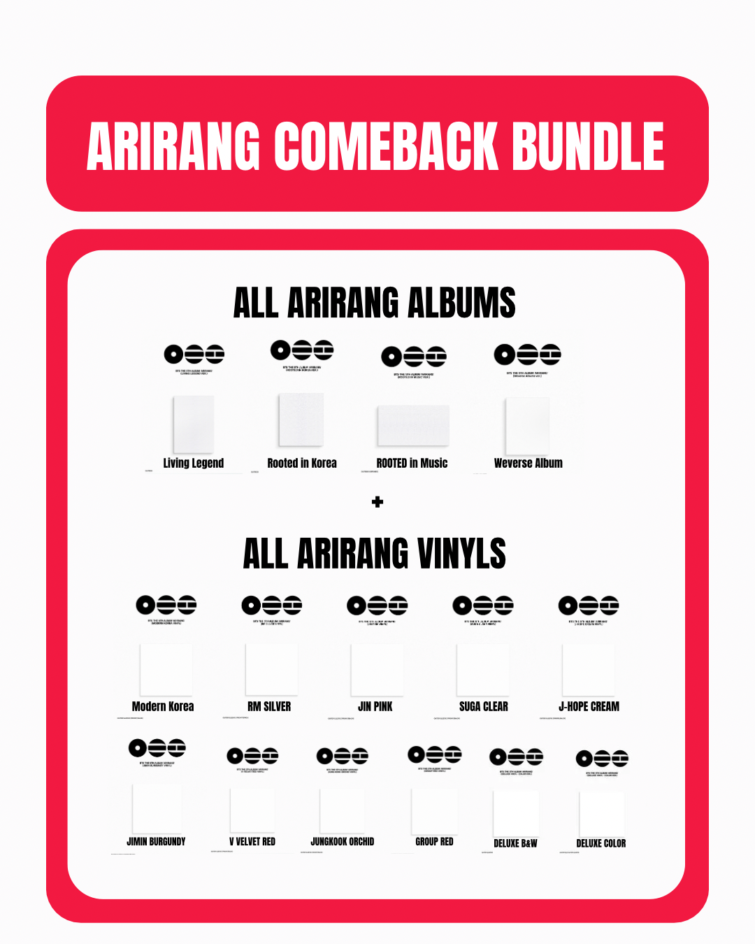 BTS - ARIRANG 5TH ALBUM WEVERSE SHOP COME BACK BUNDLE (4 ALBUMS + 11 VINYLS)