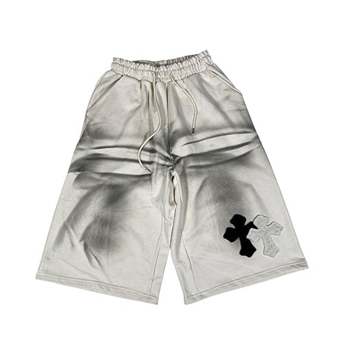 STRAY KIDS FELIX PICK LAYERED CROSS PAINTING BERMUDA SHORTS CREAM - COKODIVE