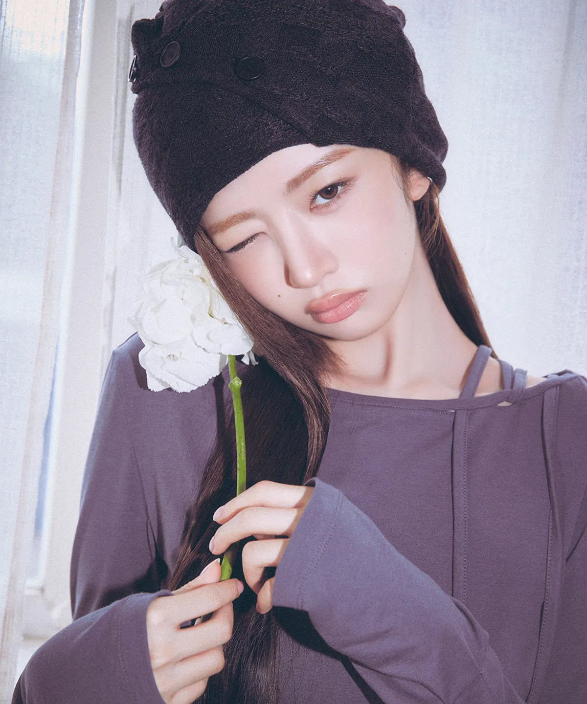 [IVE REI PICK] DRAWSTRING COWL BUTTON BEANIE BLACK - COKODIVE