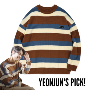 TXT YEONJUN PICK - CPGN WAPPEN MIXCOLOR SWEATER BLUECAMEL - COKODIVE